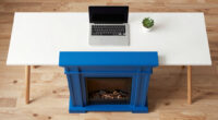 A Bold Blue Fireplace Is the Striking Focal Point of This Home Office